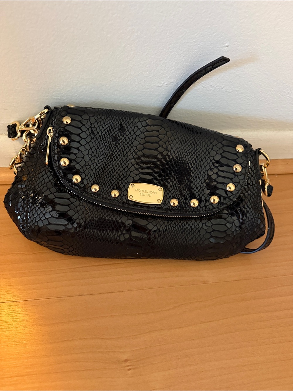 Michael Kors Black Snake-Embossed Crossbody with Gold Stud Accents
